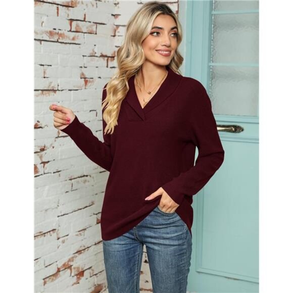 Women Long Sleeve V Neck Pullover Collar Knitted Sweaters - Picture 3 of 6
